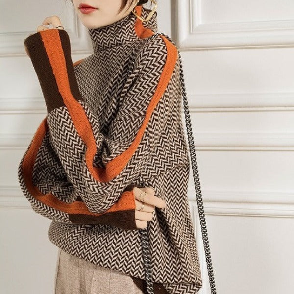 Agnieszka | Sweter z golfem w kontrastowe paski